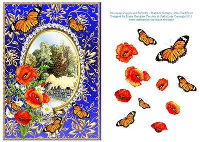 Poppies Daisies Butterflies - Thatched Cottages - on Blue