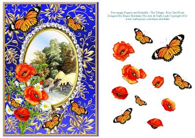 Poppies Daisies Butterflies - the Village - Blue Card Front