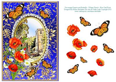 Poppies Daisies Butterflies - Village Church Blue Card Front