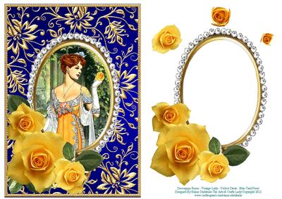 Decoupage Roses Vintage Lady Yellow Dress - Blue Card Front