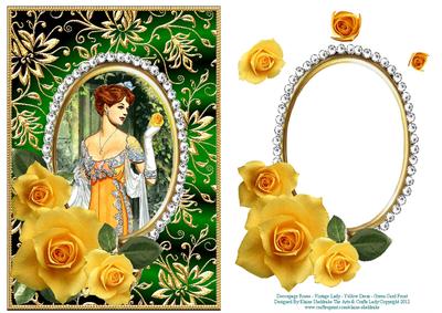 Decoupage Roses Vintage Lady Yellow Dress - Green Card Front