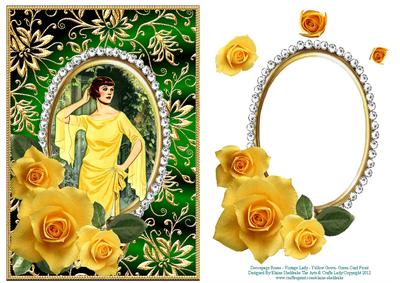 Decoupage Roses - Vintage Lady Yellow Gown- Green Card Front