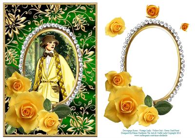 Decoupage Roses Vintage Lady Yellow Suit - Green Card Front