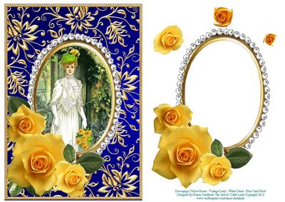 Decoupage Yellow Roses Vintage Lady White Dress - Blue Card