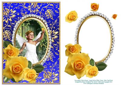 Decoupage Yellow Roses Angel Girl in White Dress Blue Card