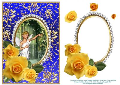 Yellow Roses Angel Girl Butterflies White Dress Blue Card