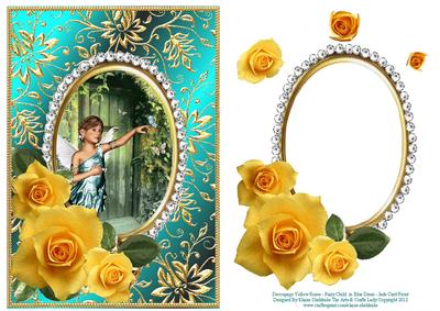 Yellow Roses Fairy Child in Blue Dress - Jade Card Front