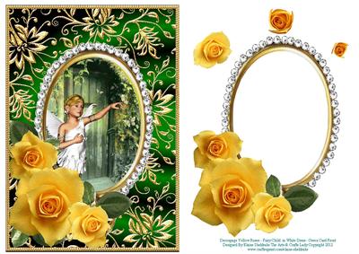 Yellow Roses Fairy Child in White Dress - Green Card Front