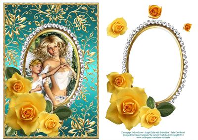 Yellow Roses Angel Girls with Butterflies - Jade Card Front