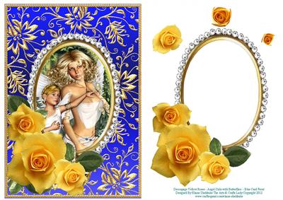 Yellow Roses Angel Girls with Butterflies - Blue Card Front