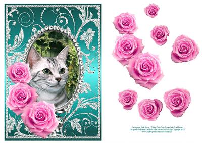 Pink Roses - Tabby Kitty Cat - Silver Jade Card Front