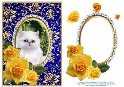 Yellow Roses - White Kitty Cat - Blue Card Front