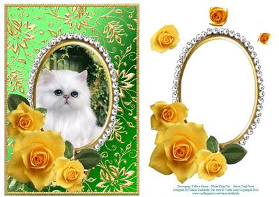 Yellow Roses - White Kitty Cat - Green Card Front