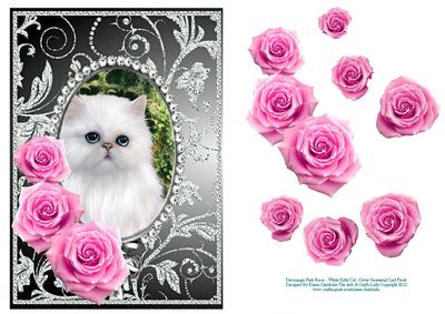Pink Roses - White Kitty Cat - Silver Gunmetal Card Front