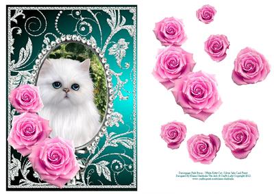 Pink Roses - White Kitty Cat - Silver Jade Card Front