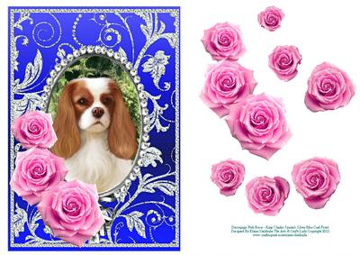 Pink Roses - King Charles Spaniel- Silver Blue Card Front