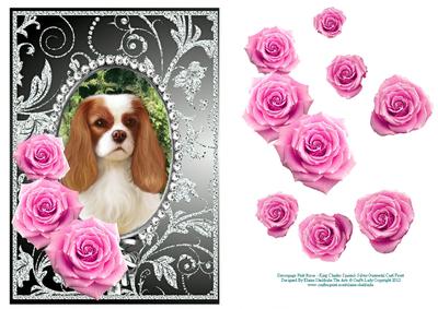 Pink Roses - King Charles Spaniel Silver Gunmetal Card Front