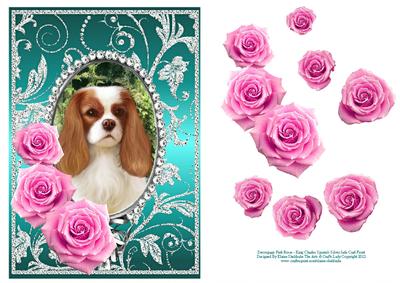 Pink Roses - King Charles Spaniel- Silver Jade Card Front