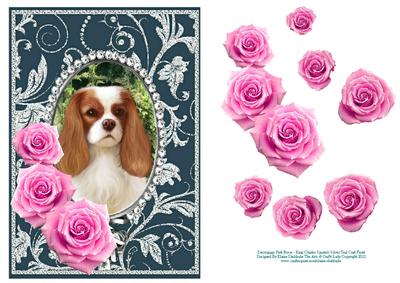 Pink Roses - King Charles Spaniel- Silver Teal Card Front