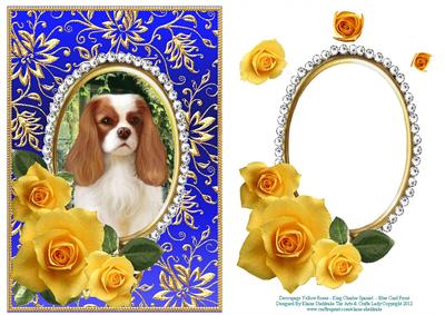 Yellow Roses - King Charles Spaniel - Blue Card Front
