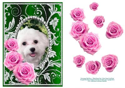 Pink Roses - White Puppy Dog - Silver Green Card Front