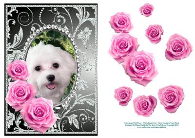 Pink Roses - White Puppy Dog - Silver Gunmetal Card Front