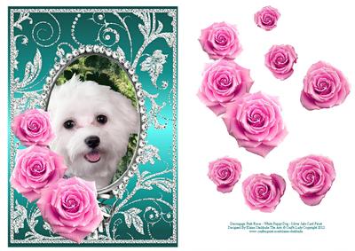 Pink Roses - White Puppy Dog - Silver Jade Card Front