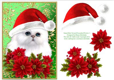 Santa White Kitty Cat and Poinsettia Flowers 1
