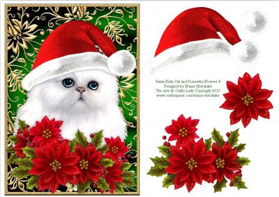 Santa White Kitty Cat and Poinsettia Flowers 4