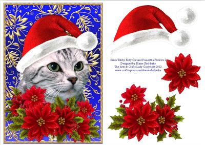 Santa Tabby Kitty Cat and Poinsettia Flowers 2