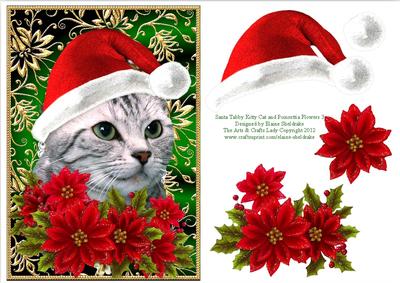 Santa Tabby Kitty Cat and Poinsettia Flowers 3