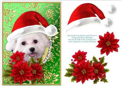Santa White Puppy Dog Bichon Frise and Poinsettia Flowers 1