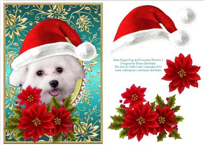 Santa White Puppy Dog Bichon Frise and Poinsettia Flowers 3