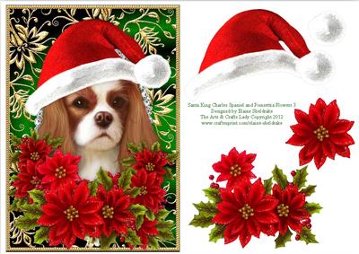 Santa King Charles Spaniel Puppy Dog - Poinsettia Flowers 3