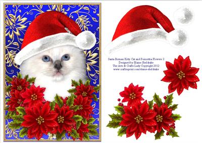 Santa Birman Kitty Cat and Decoupage Poinsettia Flowers 2