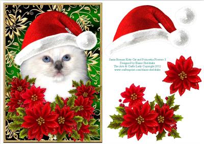 Santa Birman Kitty Cat and Decoupage Poinsettia Flowers 3