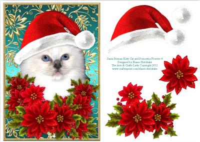 Santa Birman Kitty Cat and Decoupage Poinsettia Flowers 4