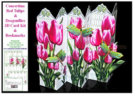 Concertina Red Tulips Dragonflies Over the Edge 3D Card Kit