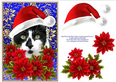 Santa Black and White Kitty Cat and Poinsettia Flowers 1
