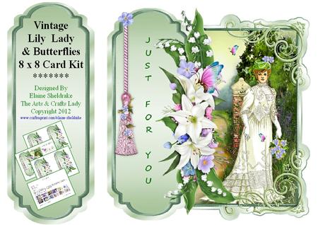 Vintage Lily Lady and Butterflies - 8 x 8 Inch Card Kit