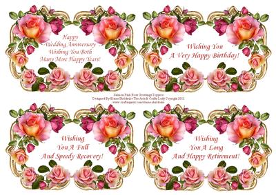 Salmon Pink Roses 4 x Greetings Toppers Vintage Style