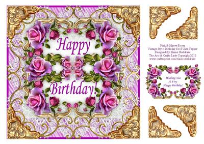Pink and Mauve Roses Vintage Style 8 x 8 Birthday Card