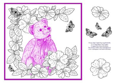 Roses Pink Teddy Bear & Butterfly 8 x 8 Digi Stamp Sheet