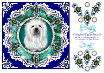 8 x 8 Vintage Lace Shih Tzu Puppy Dog Card Front on Blue