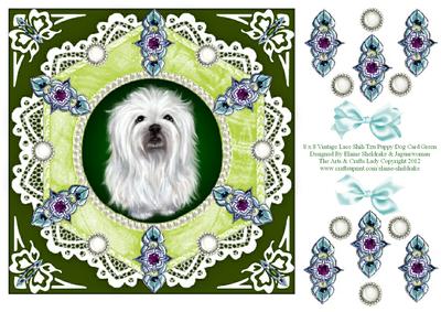 8 x 8 Vintage Lace Shih Tzu Puppy Dog Card Front on Green