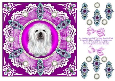 8 x 8 Vintage Lace Shih Tzu Puppy Dog Card Front on Pink