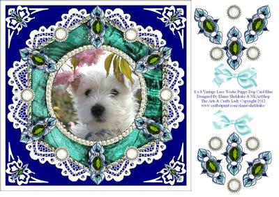 8 x 8 Vintage Lace Westie Puppy Dog Card Front on Blue