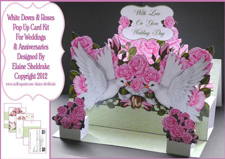 White Doves Pink Roses 3D Pop Up Wedding or Anniversary Card