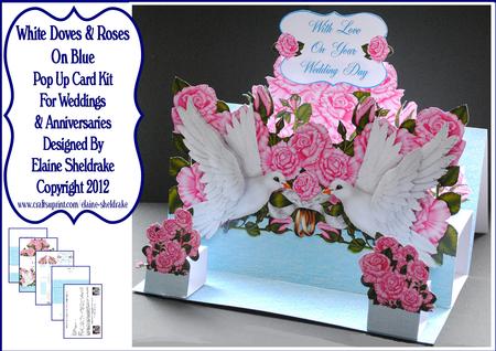 White Doves Pink Roses 3D Pop Up Wedding or Anniversary Card