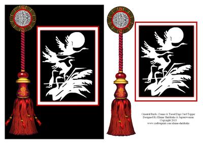 Oriental Birds, Cranes, Moon & Tassel Digi Card Topper